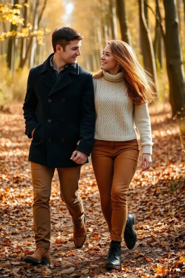 Mann und Frau machen Spaziergang im herbstlichen Wald