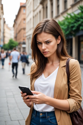 Frau steht in der City und schaut verärgert aufs Smartphone