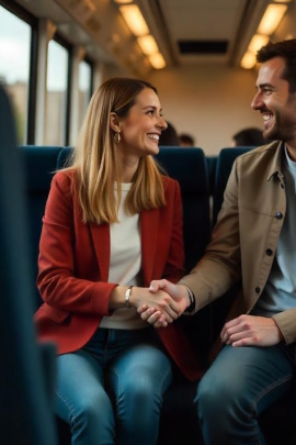 Paar gibt sich die Hand zur Begrüßung im Bus