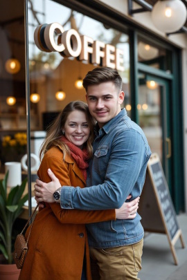 Mann und Frau umarmen sich vor einem Café