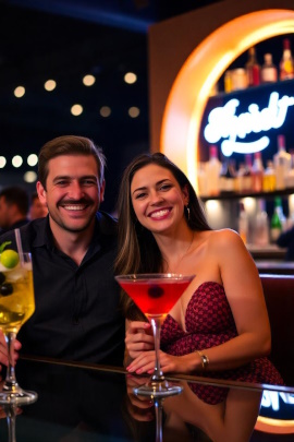 Mann und Frau sitzen lachend in einer Cocktailbar