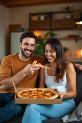 Mann und Frau essen Pizza zuhause auf dem Sofa