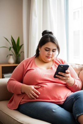 Übergewichtige Frau sitzt zu Hause auf dem Sofa mit Handy