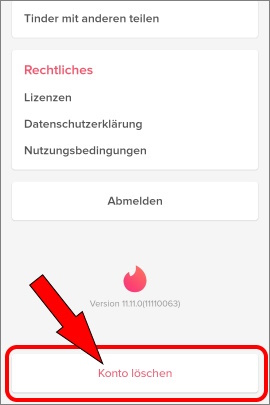 Menü in Tinder, um das Konto zu löschen