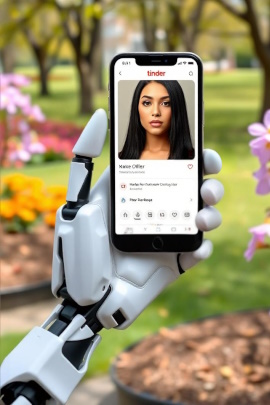 Roboter-Hand hält Smartphone mit Tinder-Profil einer Frau