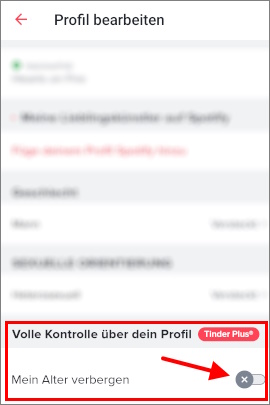 Option, das Alter im Tinder-Profil auszublenden