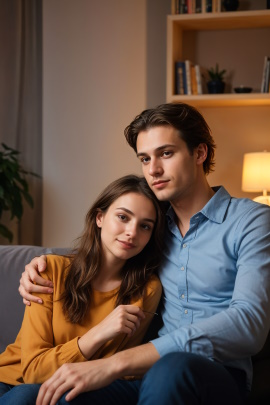 Paar sitzt zu Hause kuschelnd auf dem Sofa