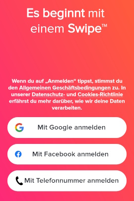 Startseite zum Anmelden bei Tinder am Android-Handy