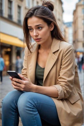 Frau sitzt in der Stadt und blickt erstaunt aufs Handy