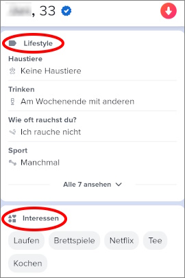 Verschiedene Angaben im Tinder-Profil