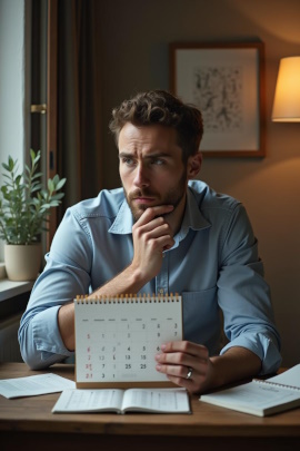 Mann mit Kalender sitzt nachdenklich am Schreibtisch