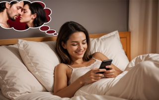 Frau liegt mit Handy im Bett und denkt lächelnd an Sex mit Tinder-Bekanntschaft