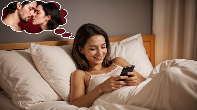Frau liegt mit Handy im Bett und denkt lächelnd an Sex mit Tinder-Bekanntschaft