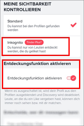 Menü, um Optionen für die Sichtbarkeit auf Tinder zu aktivieren