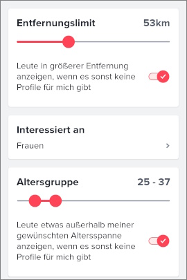 Menü für die Sucheinstellungen bei Tinder