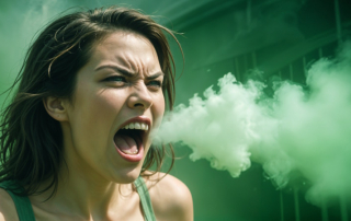 Wütende Frau schreit, sodass grüner Dampf aus ihrem Mund kommt