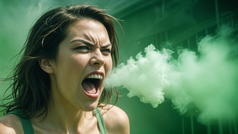 Wütende Frau schreit, sodass grüner Dampf aus ihrem Mund kommt
