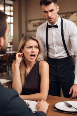Partnerin des Mannes redet unfreundlich zum Kellner im Restaurant