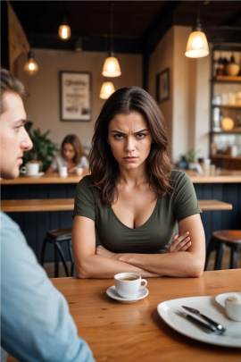 Zerstrittenes Paar sitzt im Café mit ernstem Blick