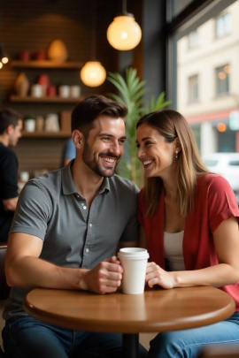 Verliebtes Paar sitzt lachend im Café