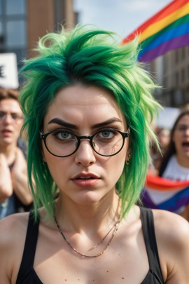 Aggressive Frau mit grünen Haaren auf einer Demonstration