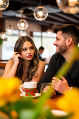 Ernst blickende Frau sitzt mit lächelndem Mann beim Date im Café