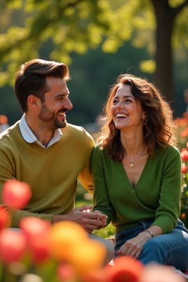 Freunde lachen gemeinsam, Mann schaut Frau verliebt an