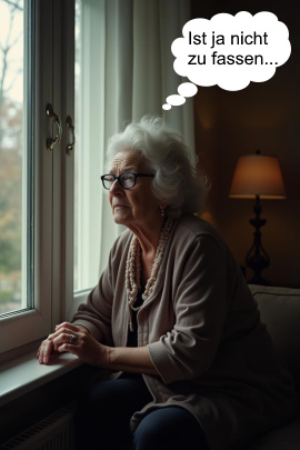 Neugierige alte Frau schaut zu Hause aus dem Fenster