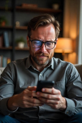 Mann sitzt zu Hause und schaut unglücklich aufs Handy