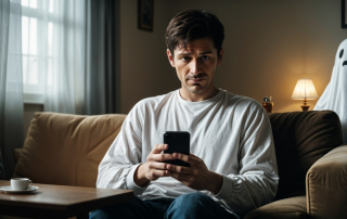Unglücklicher Mann sitzt mit Handy zu Hause im Halbdunkeln