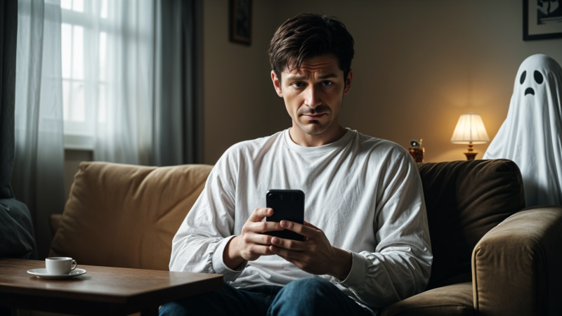 Unglücklicher Mann sitzt mit Handy zu Hause im Halbdunkeln