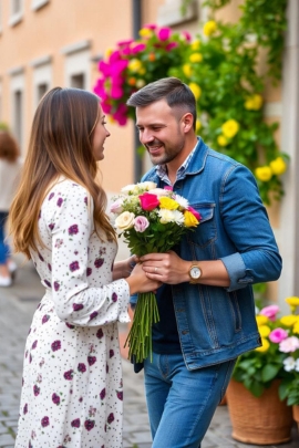 Single-Mann schenkt Frau Blumen, weil er sie gern mag