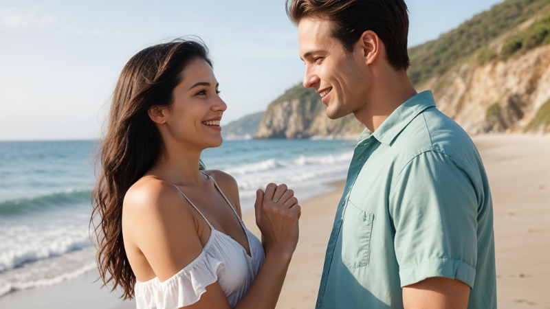 Mann und Frau flirten am Strand