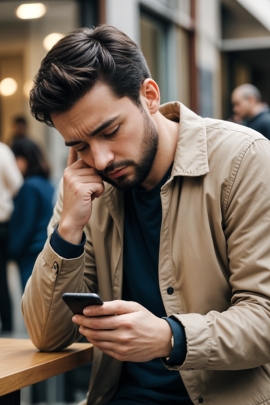 Mann schaut sich Bilder von Frau auf dem Handy an, in die er noch verliebt ist