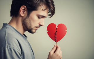 Mann hält gebrochenes Herz aus Papier in der Hand, weil er Liebeskummer hat