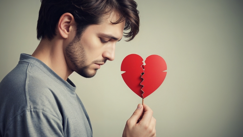 Mann hält gebrochenes Herz aus Papier in der Hand, weil er Liebeskummer hat