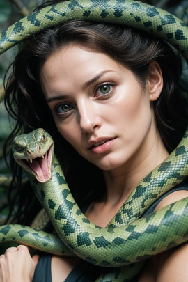 Geheimnisvolle Frau mit giftiger grüner Schlange um ihren Kopf