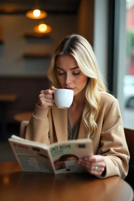 Blonde Frau sitzt im Café und liest eine Zeitschrift