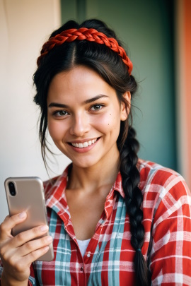 Lächelnde Frau mit schwarzem Zopf hält Handy