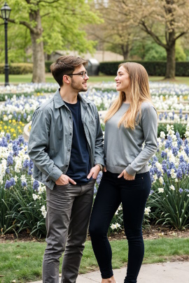 Mann und Frau sprechen im Park miteinander