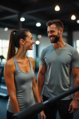 Mann und Frau flirten miteinander im Fitnessstudio