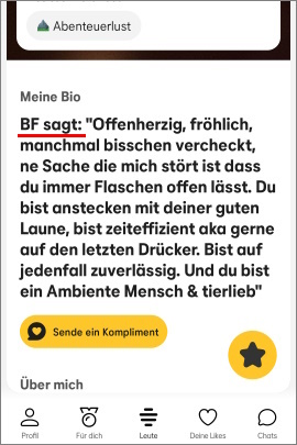 Mann zitiert in Bumble-Bio, was Freund über ihn sagt