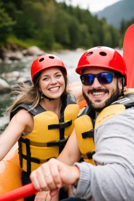 Paar beim Wildwasser-Rafting auf einem Fluss