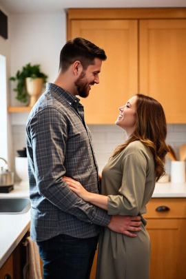 Verliebtes Paar umarmt sich beim Date zuhause in der Küche